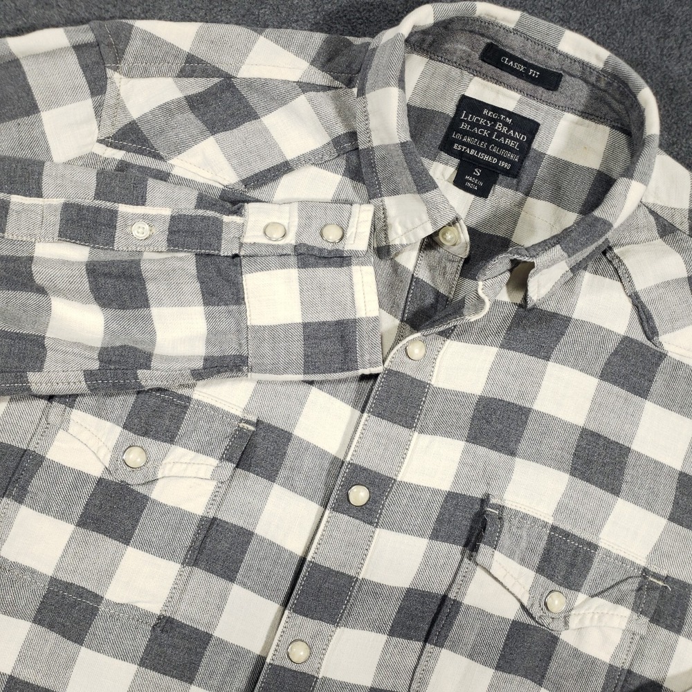 Lucky Brand Black Label Shirt Mens Small Gray Twill‎ Western Pearl Snap Yoke